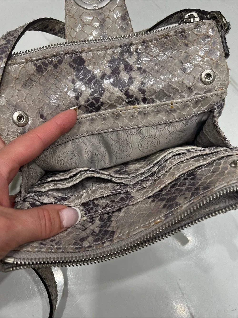Michael Kors Metallic Gray Snake-Embossed Crossbody Bag